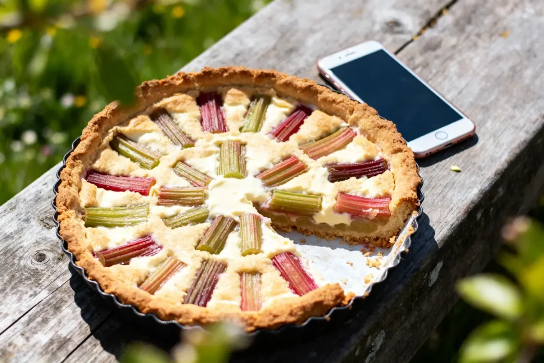 Tarte à la rhubarbe sur une table en bois avec un smartphone à côté.