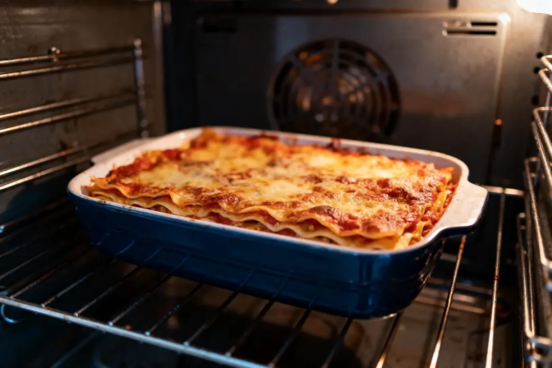 Lasagnes gratinées dans un plat rectangulaire en céramique placé dans un four ouvert chaud.