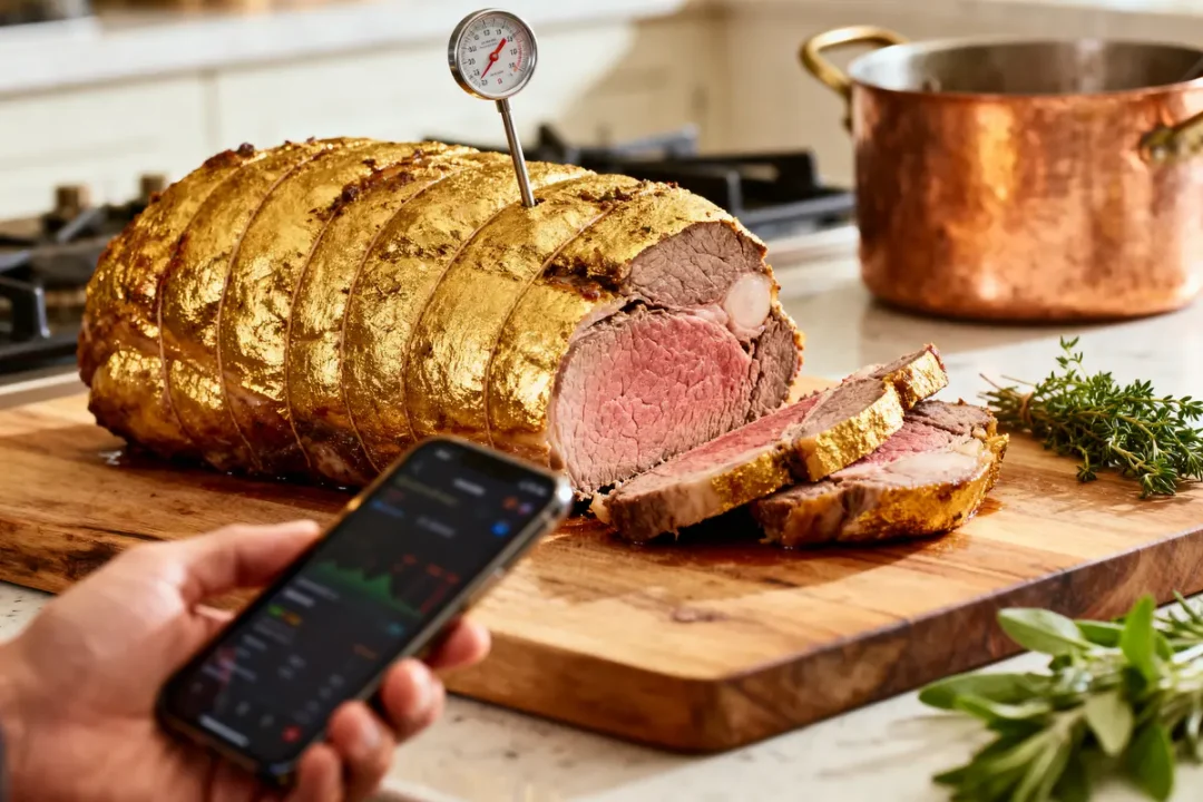 Rôti doré avec thermomètre, smartphone, planche, herbes, cuisine lumineuse, casserole cuivre en arrière-plan.