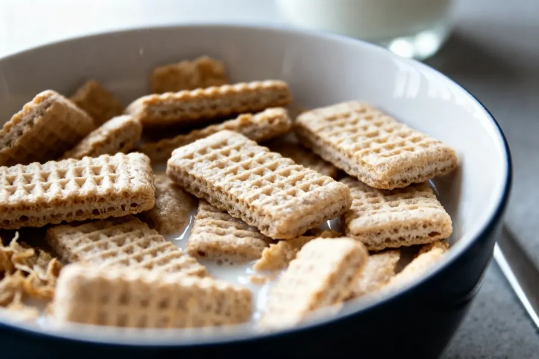Bol rempli de biscuits Weetabix croustillants trempés dans du lait pour le petit-déjeuner