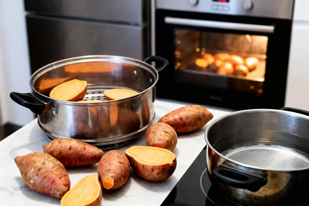 Patates douces préparées pour cuisson à la vapeur et au four comment cuire les patates douces