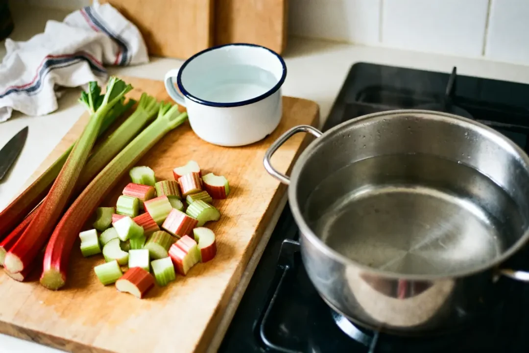 Morceaux de rhubarbe et casserole d'eau pour congeler de la rhubarbe facilement.