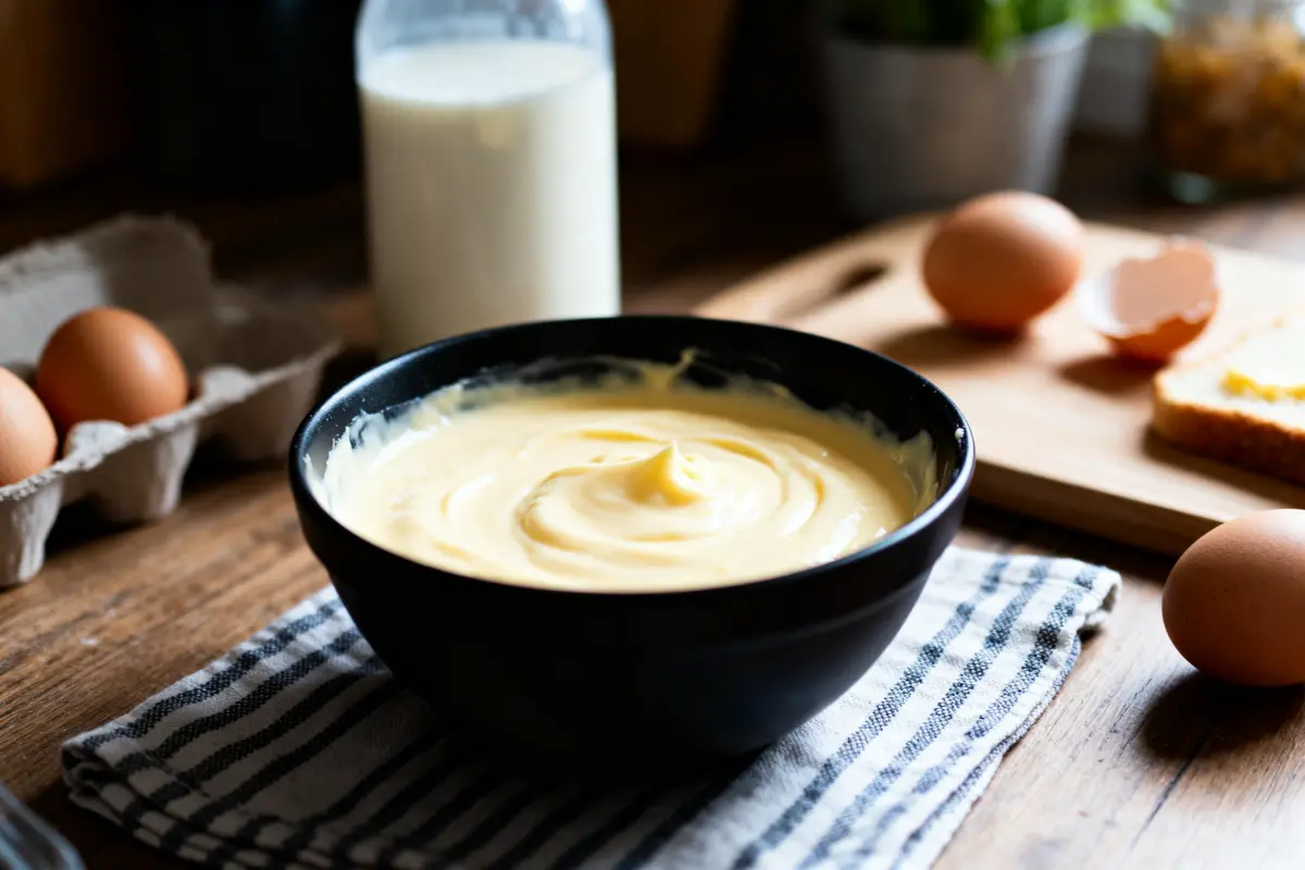 Bol de crème aux œufs rapide avec lait et œufs sur planche de bois