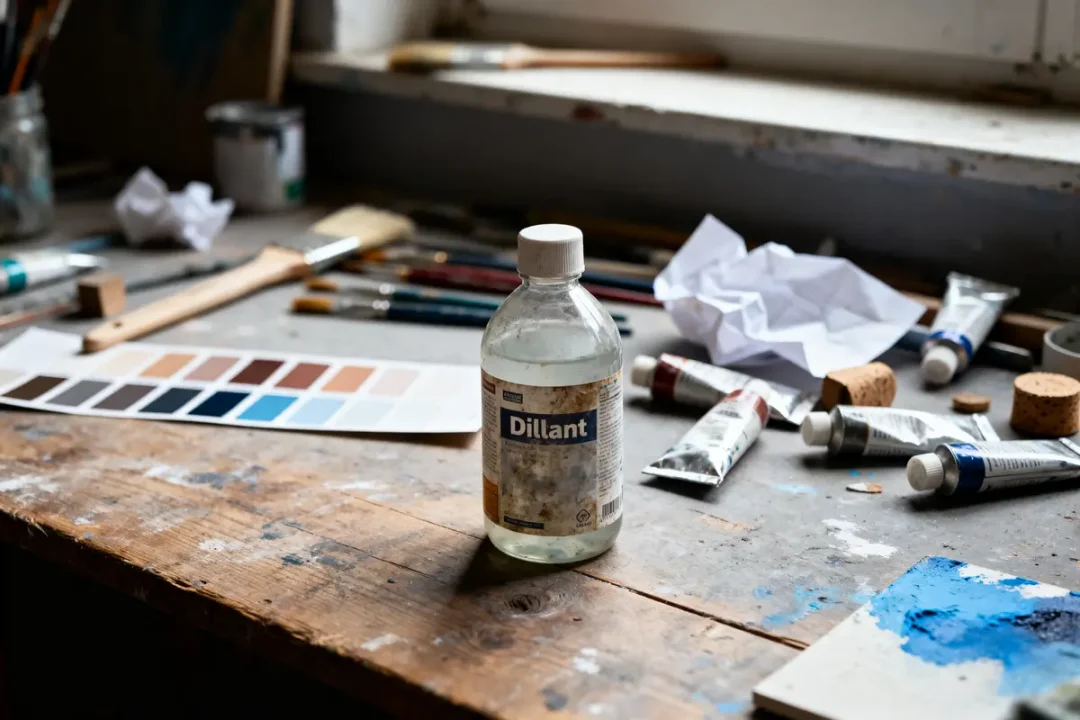 Bouteille de diluant sur table d'artiste avec pinceaux et tubes de peinture dispersés