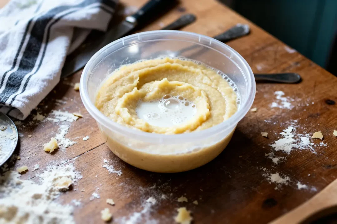 Purée Mousline prête avec dose lait et eau sur table en bois rustique