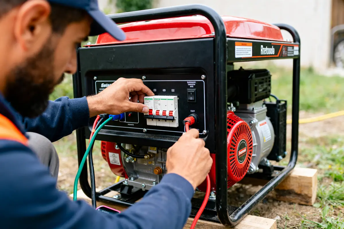 Électricien pour génératrice réglant des câbles sur un générateur portable en plein air