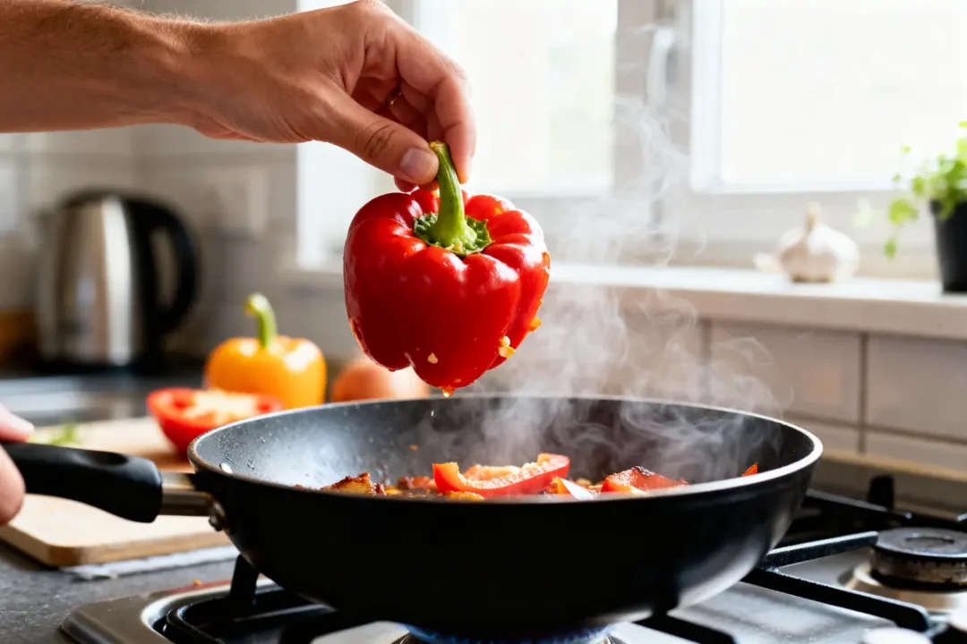 Main dans cuisine préparant à éplucher des poivrons rouges au-dessus d'une poêle chaude