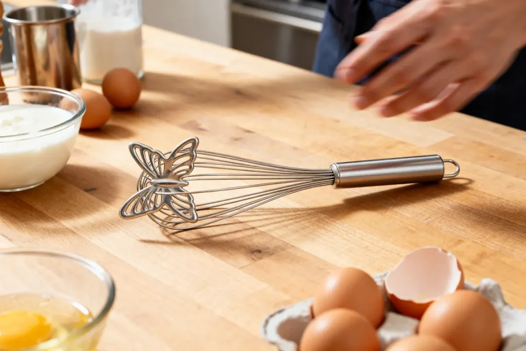 Fouet Monsieur Cuisine posé sur table en bois avec œufs et ingrédients de pâtisserie