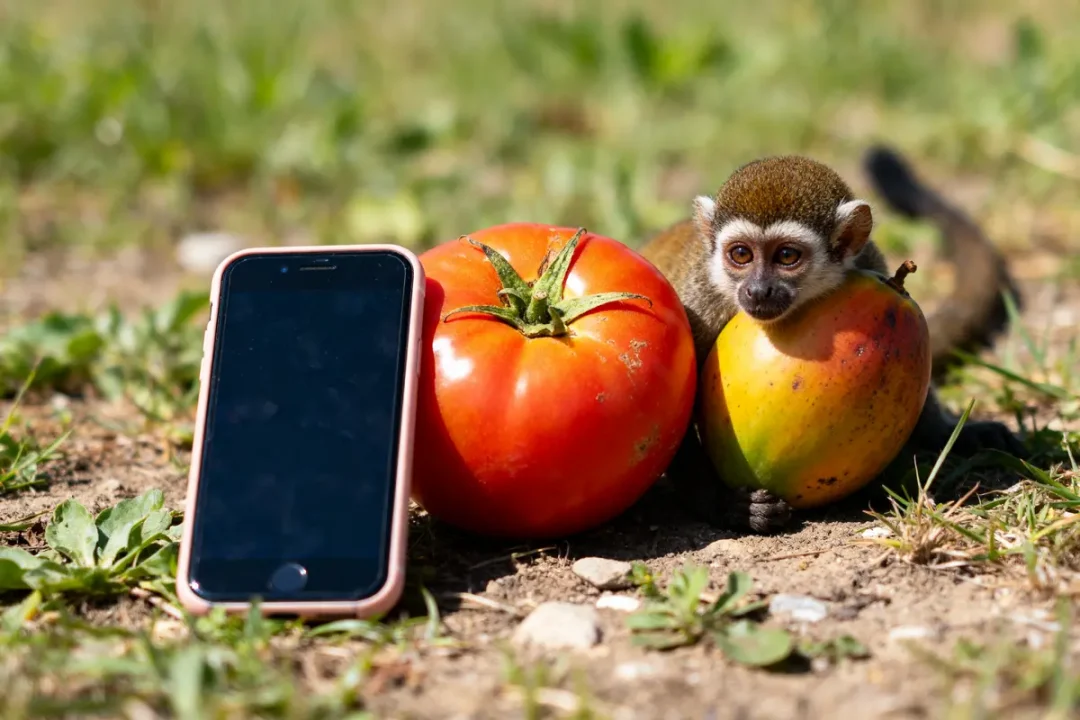 Un singe observe téléphone près de fruit en T et d'une mangue.