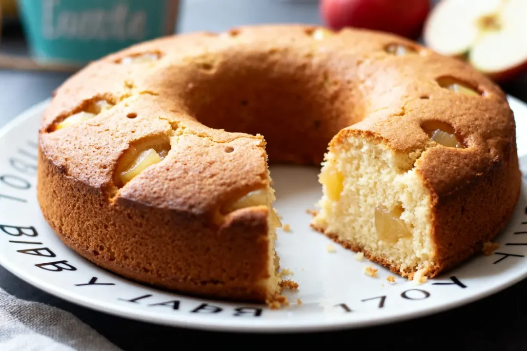 Gateau bébé sans sucre en forme de couronne avec morceaux de pomme sur une assiette
