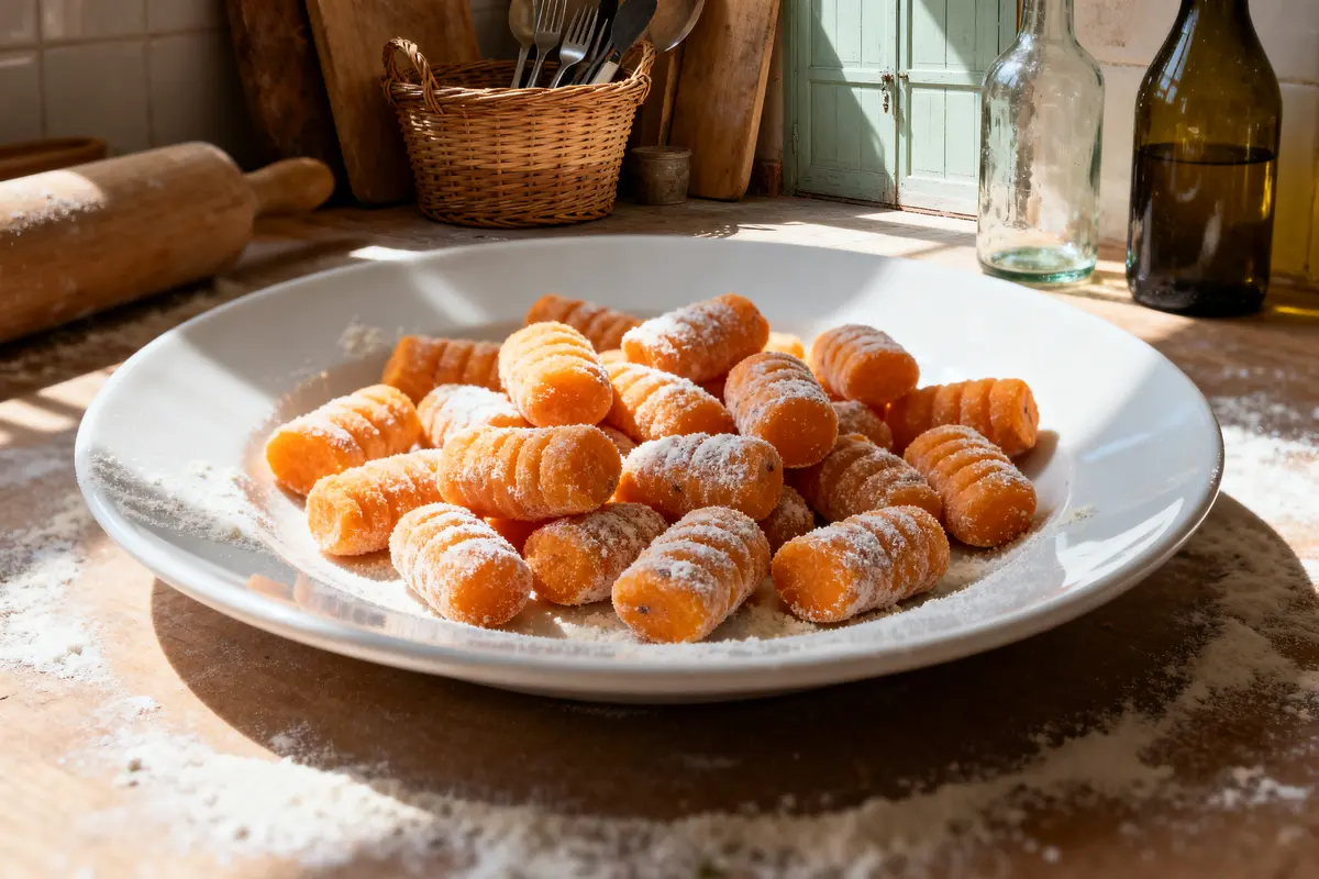 Assiette de gnocchis de patate douce maison saupoudrés de farine sur table en bois