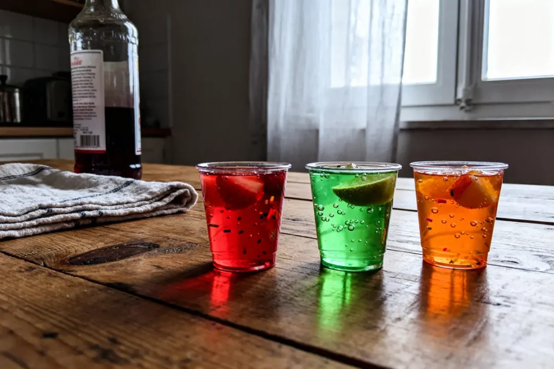 Trois jello shots shooters colorés avec fruits sur table en bois éclairée par fenêtre