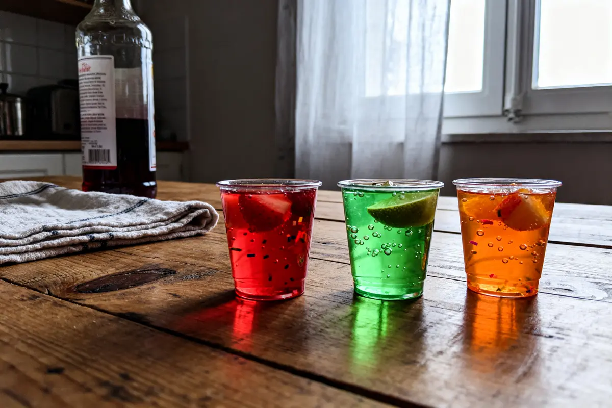 Trois jello shots shooters colorés avec fruits sur table en bois éclairée par fenêtre