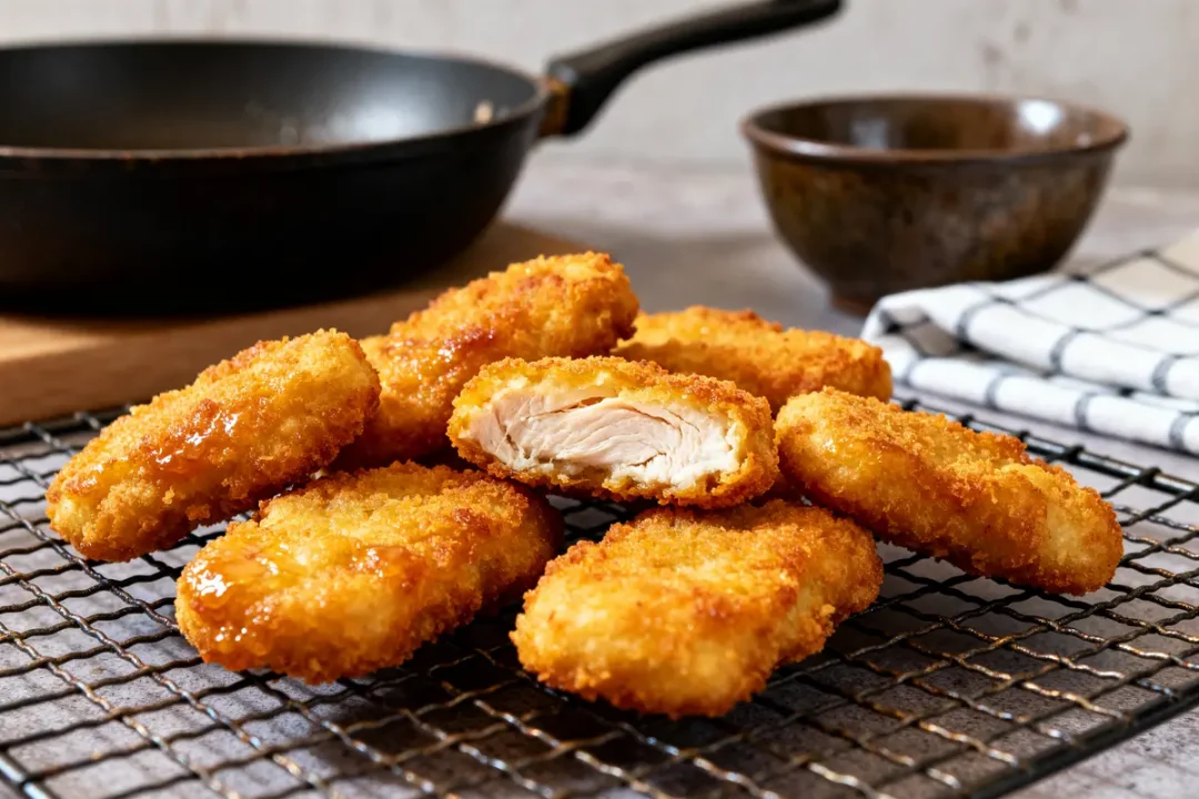Nuggets à l'air fryer dorés sur grille avec poêle et bol en arrière-plan