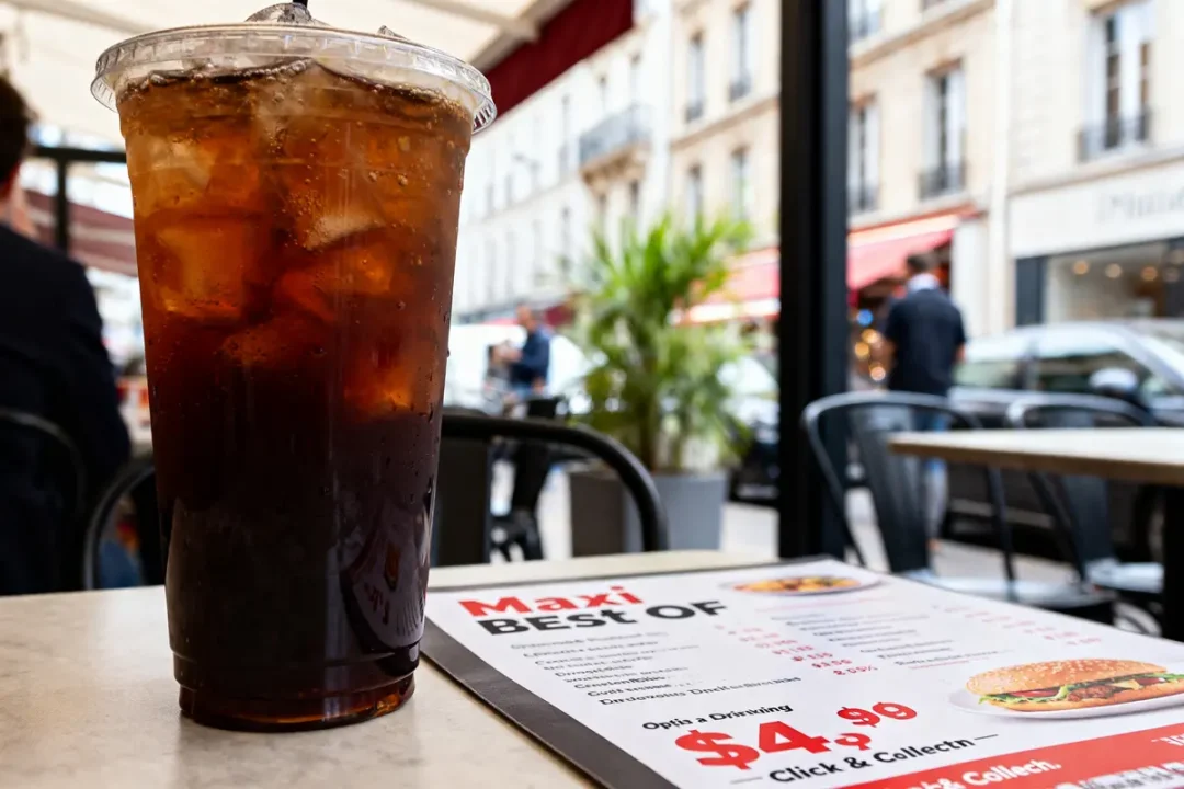 Verre de soda avec prix du menu Maxi Best Of en arrière-plan sur table de café