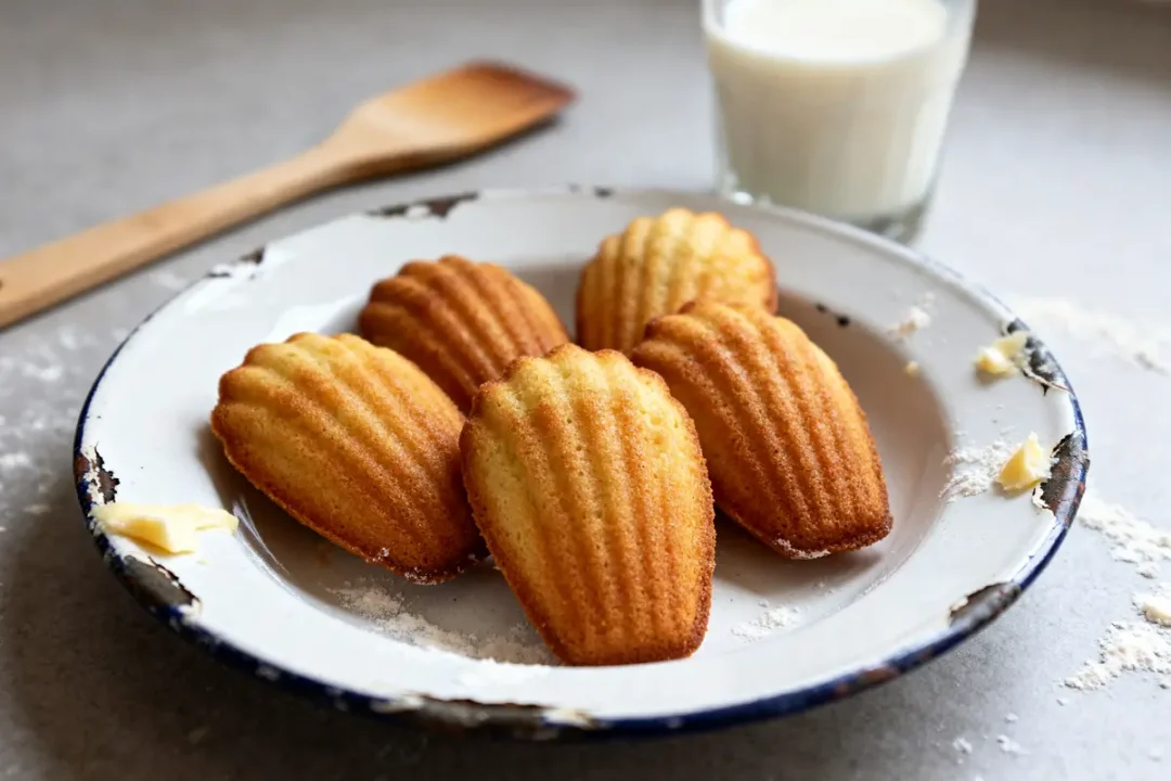 Assiette de madeleines dorées avec verre de lait recette de biscuits madeleines Cyril Lignac