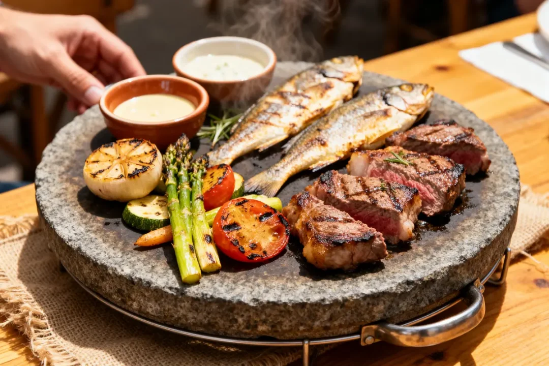 Viande, poissons et légumes grillés sur pierre pour une délicieuse recette de pierrade conviviale