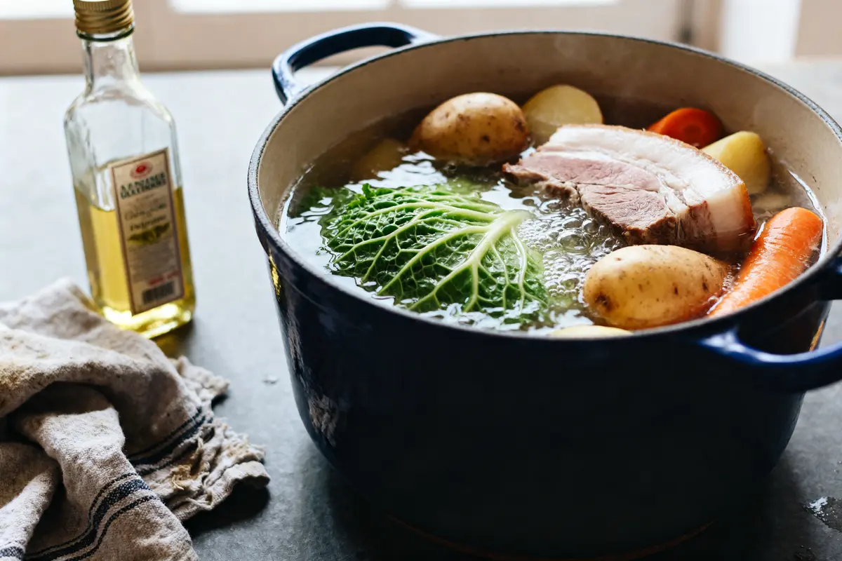 Marmite avec légumes et viande pour une délicieuse recette potée à la campagne
