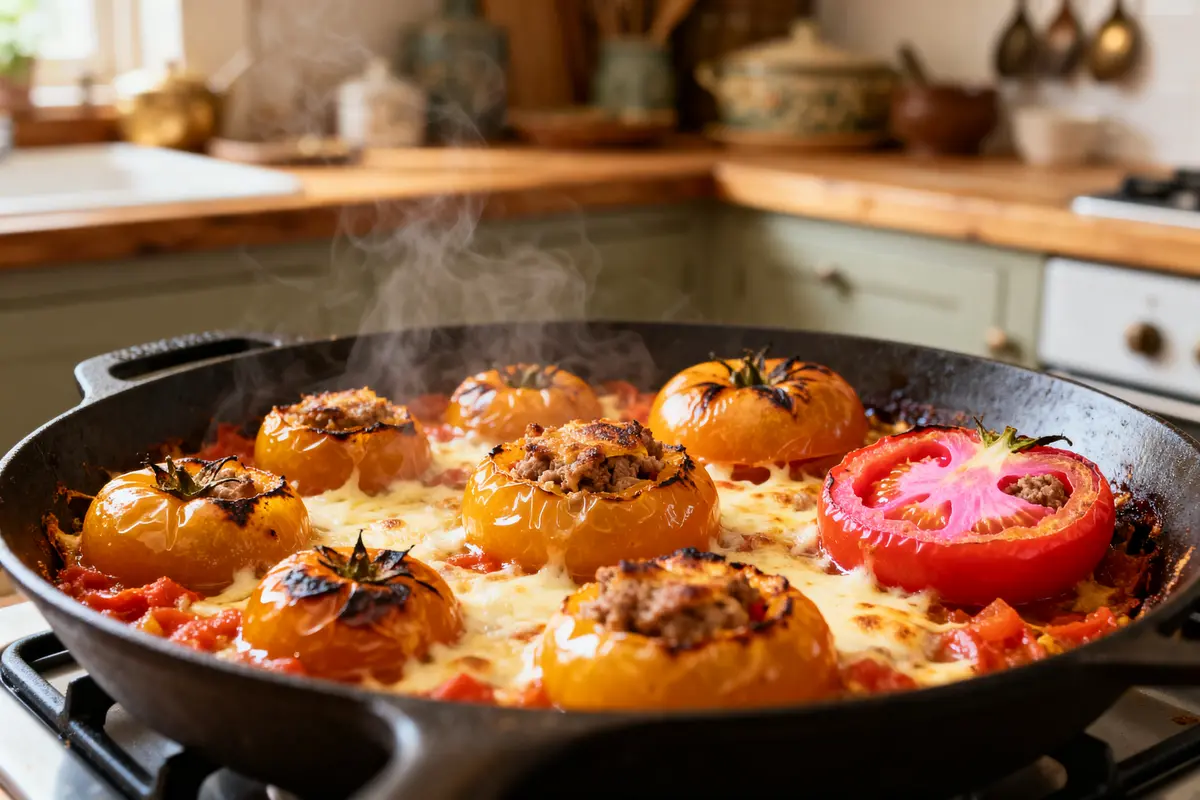 Tomates farcies à la viande en cuisson, poêle sur gazinière, temps de cuisson des tomates farcies