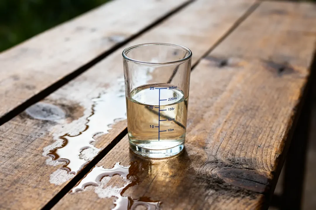 Verre à mesurer contenant 25 centilitre de liquide sur une table en bois mouillée