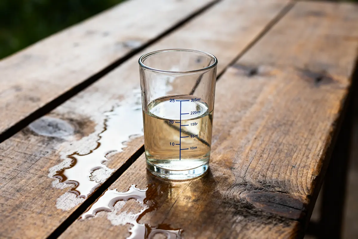 Verre à mesurer contenant 25 centilitre de liquide sur une table en bois mouillée