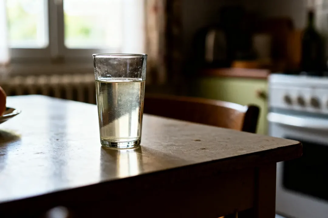 Verre d'eau sur table de cuisine mesurant 25 cl en ml approximativement 250