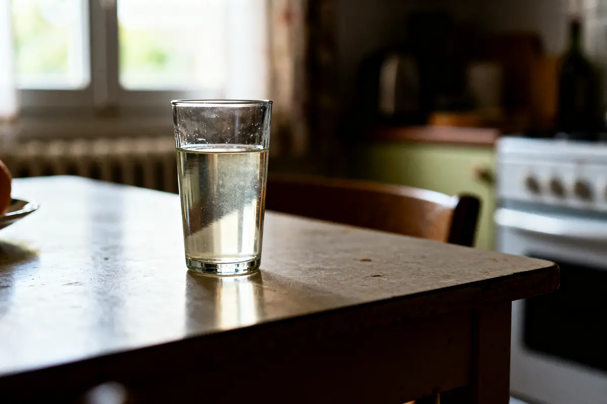 Verre d'eau sur table de cuisine mesurant 25 cl en ml approximativement 250