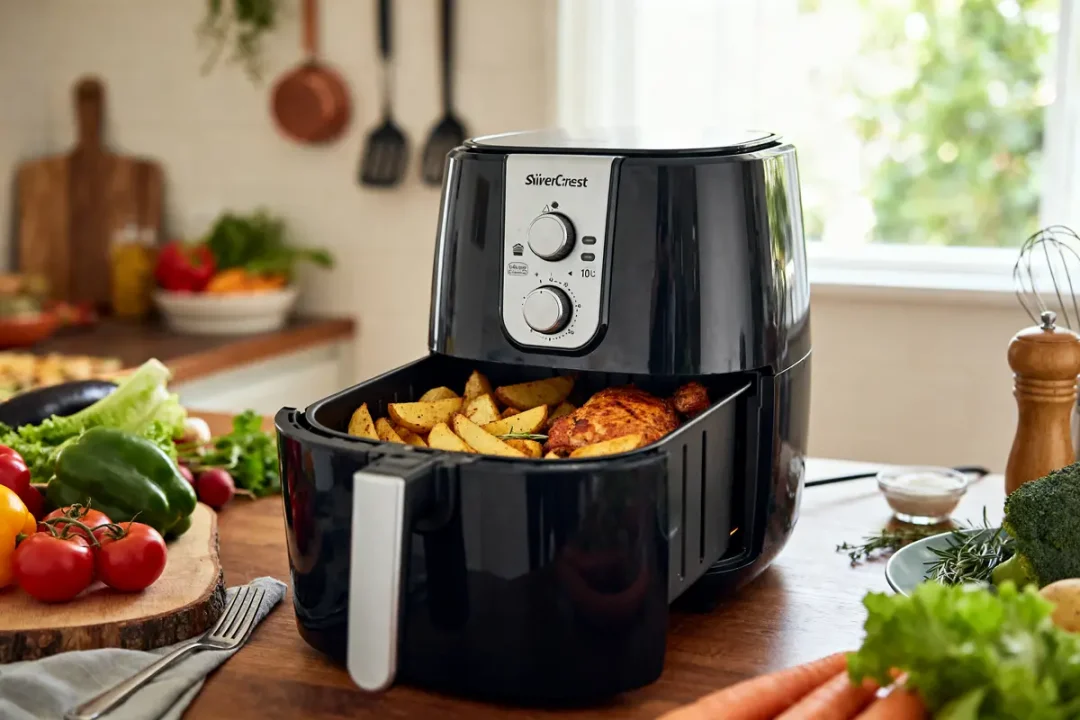 Air Fryer Lidl cuisant des pommes de terre et poulet dans une cuisine avec légumes