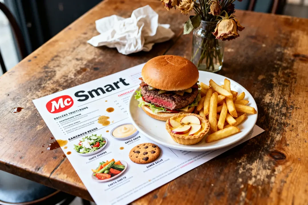 Assiette de burger, frites et dessert sur menu Mc Smart en bois rustique