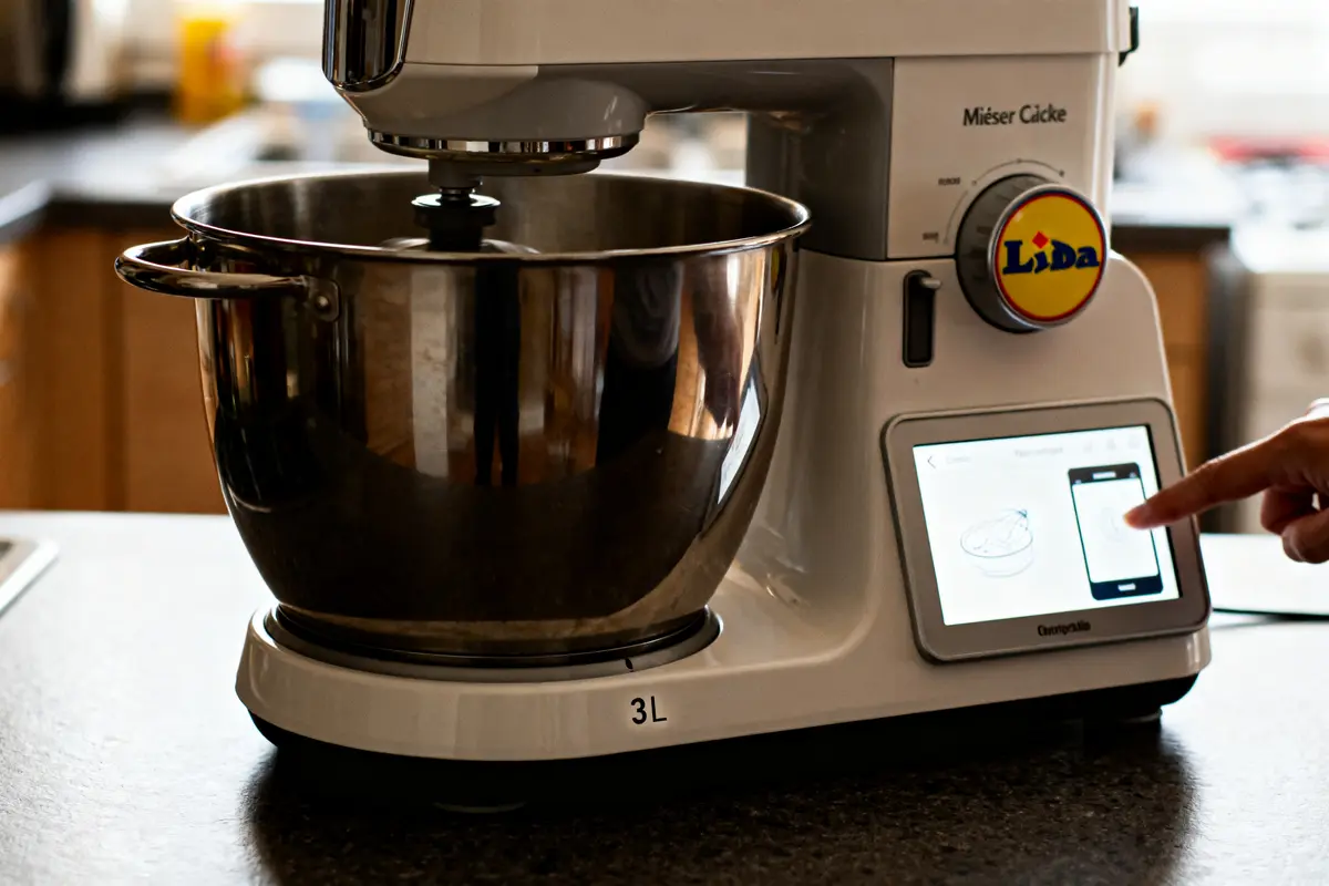 Robot de cuisine Monsieur Cuisine Lidl sur comptoir avec écran tactile et bol inox