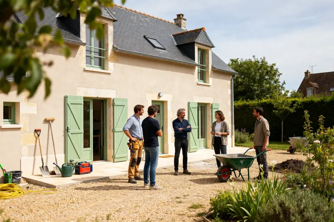 Groupe discutant sur un chantier de maison avec Rénovation XXL que sont-ils devenus en 2024