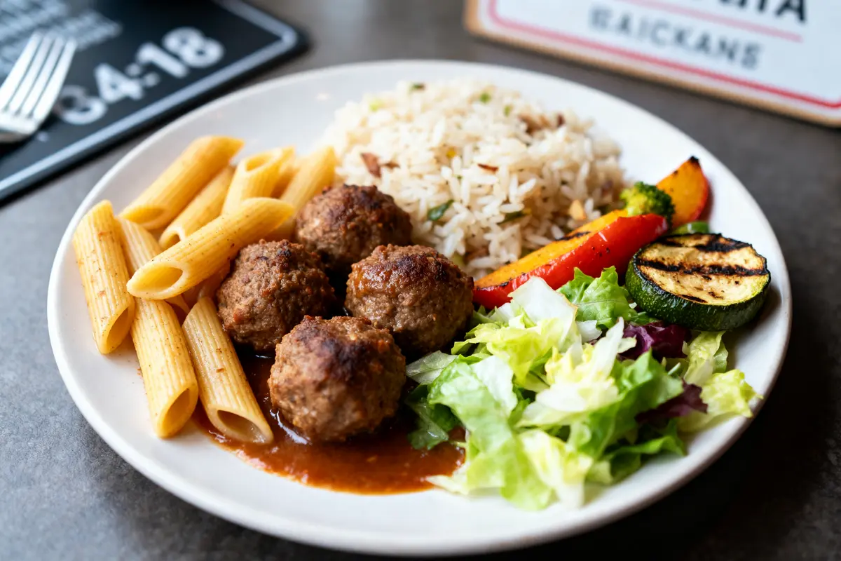 Assiette avec boulettes de viande, pâtes, légumes, riz parfait accompagnement pour boulettes de viande