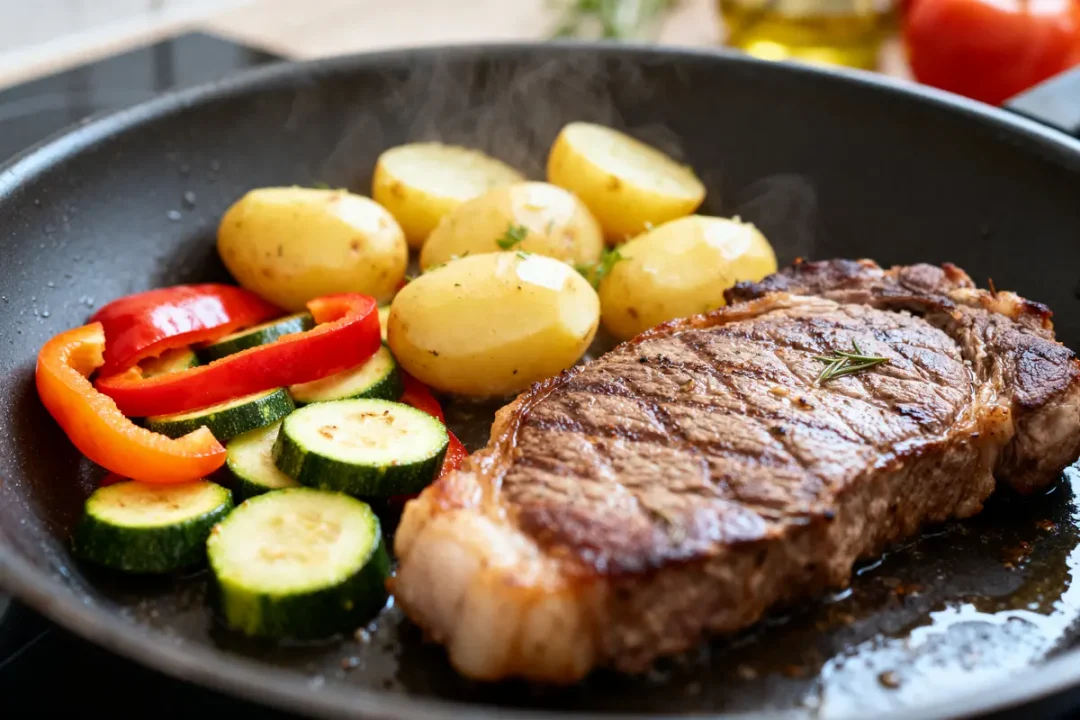 Steak grillé avec légumes et pommes de terre, parfait accompagnement pour pierrade savoureuse.