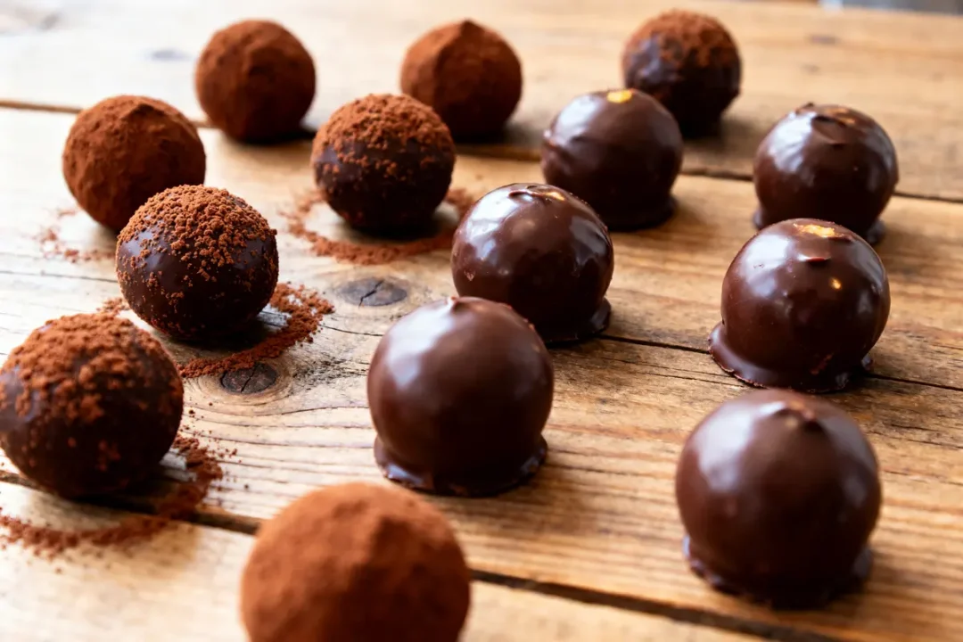 Boules de chocolats truffes artisanales sur table en bois illustrant les caractéristiques des chocolats d'appellation truffes