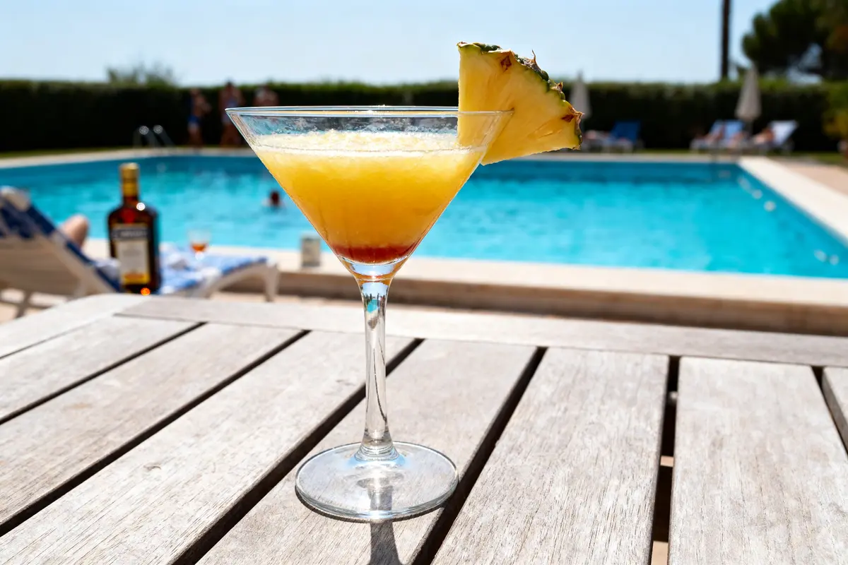 Verre de cocktail Madeleine avec ananas en bord de piscine ensoleillée.