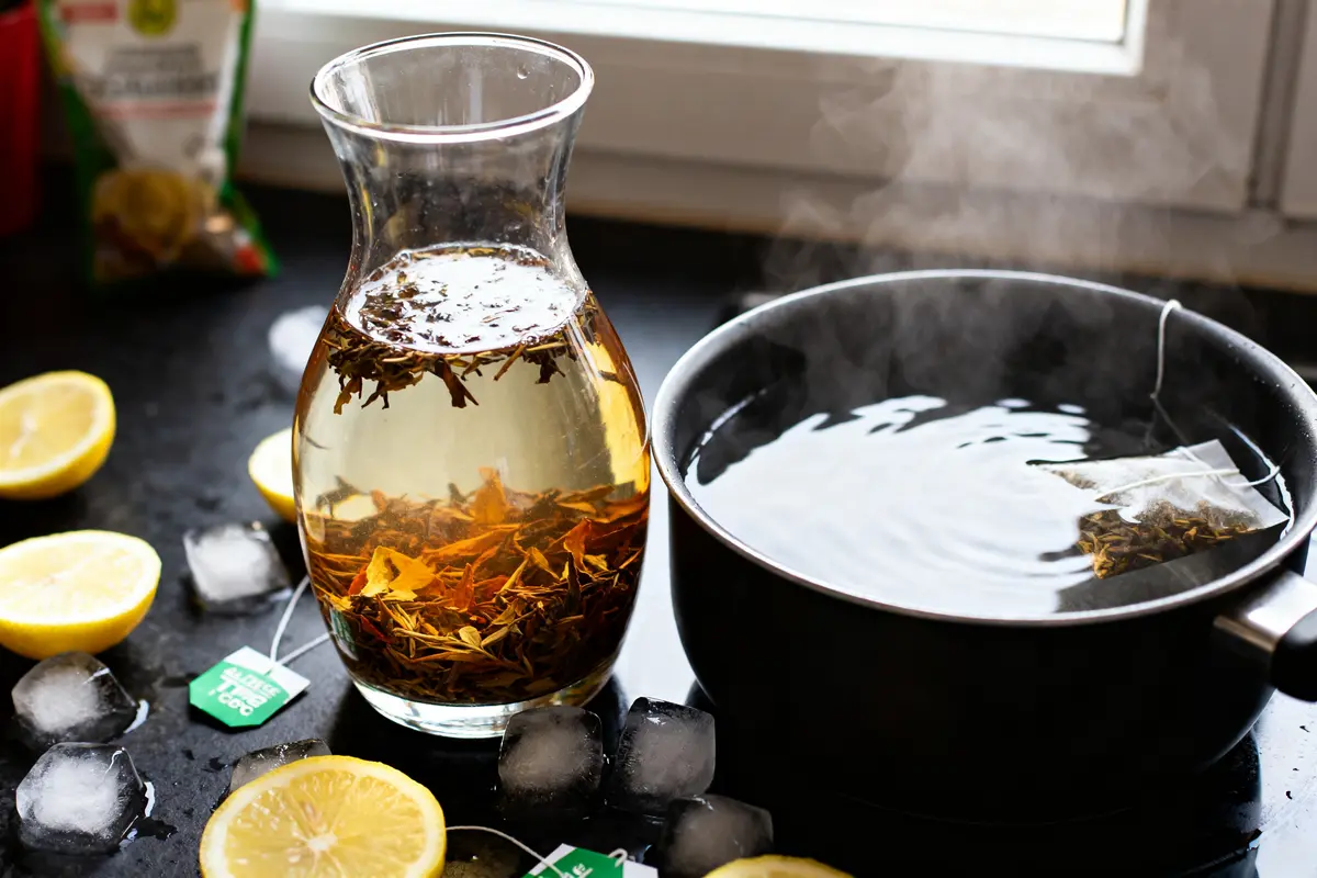 Carafe et casserole pour comment faire du thé glacé avec citrons et glaçons
