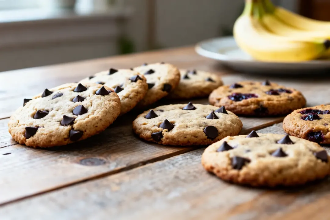 Cookies sans sucre aux pépites de chocolat sur table en bois avec bananes en arrière-plan