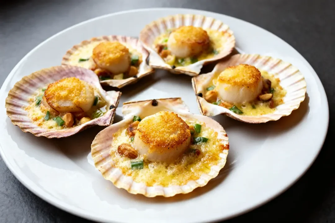 Cinq coquilles Saint-Jacques à la bretonne gratinées avec beurre, sur une assiette blanche