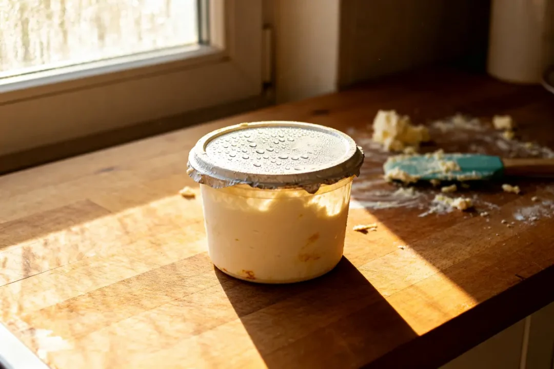 Pot de crème fraîche périmée sur table en bois, ustensile bleu en arrière-plan