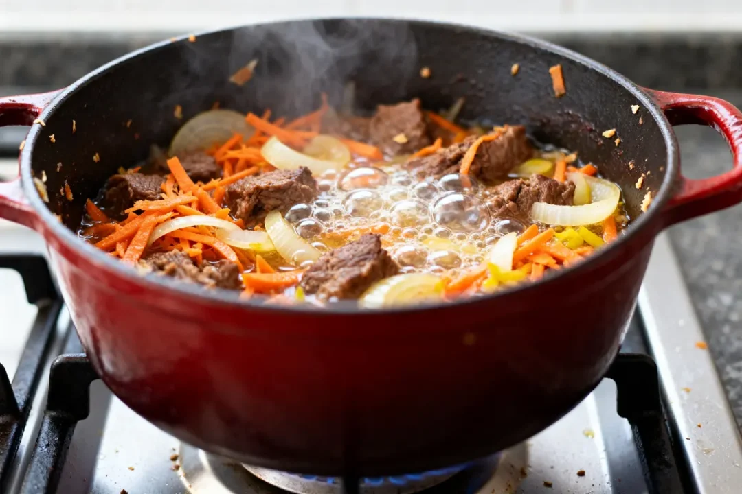 Cuisson d'un ragoût avec légumes et viande en cocotte rouge sur feu gaz.