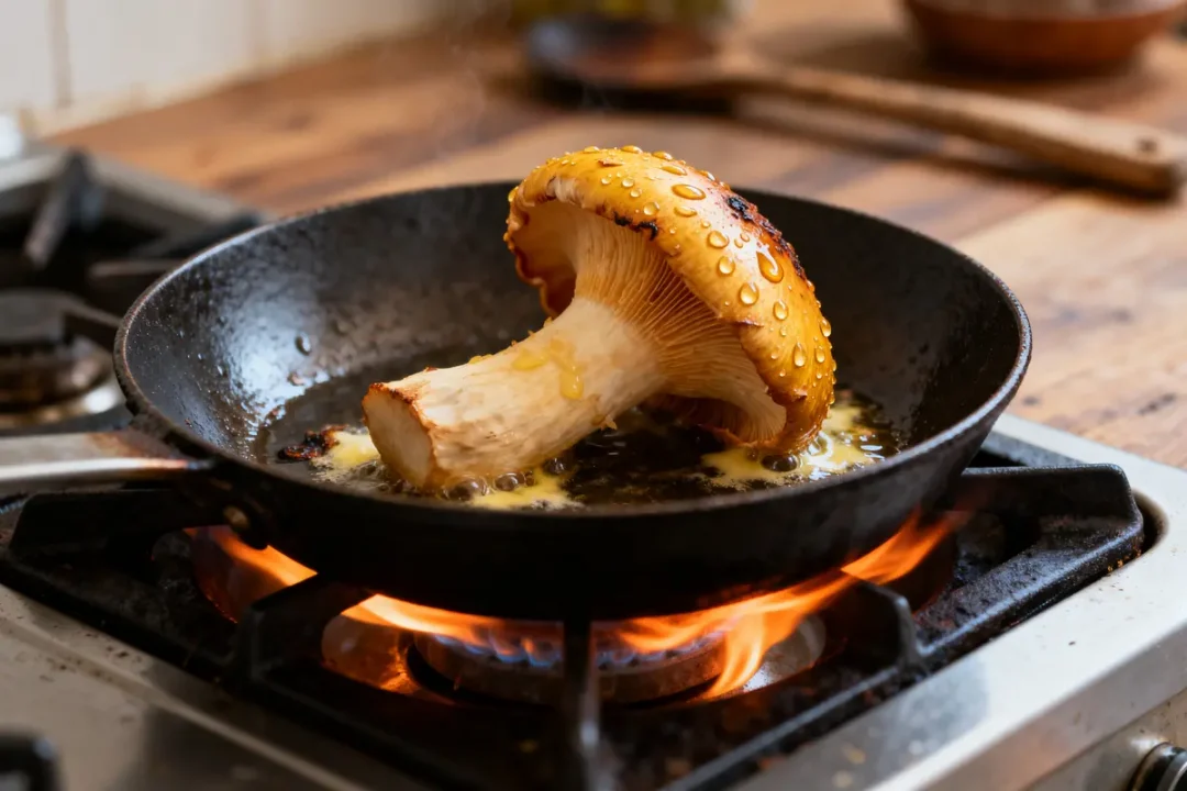 Chanterelle fraîche en cuisson sur poêle avec huile et flamme vive cuisson de la chanterelle