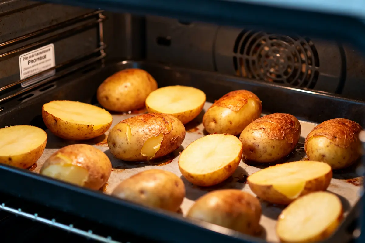 Pommes de terre dorées en cuisson de pomme de terre au four sur une plaque de cuisson