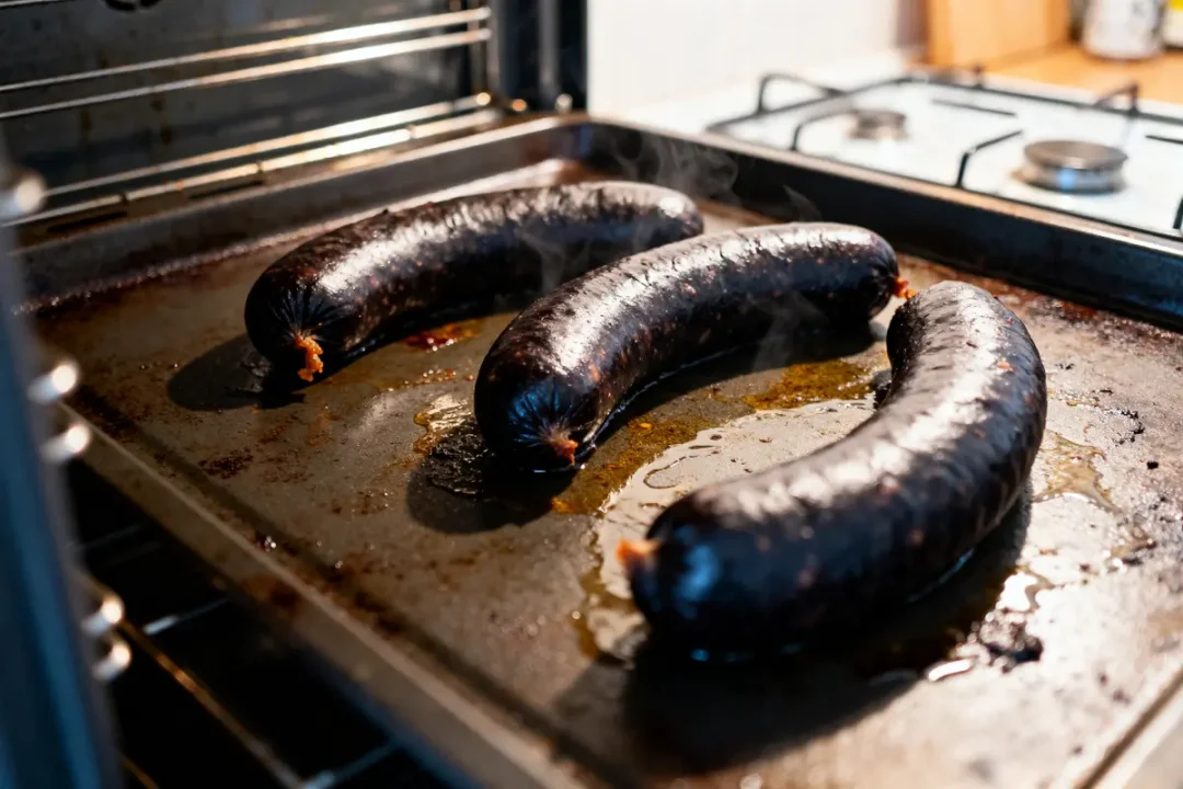 Trois boudins noirs en cours de cuisson du boudin noir au four sur une plaque