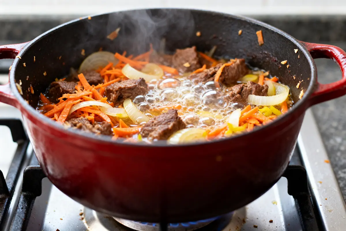 Cuisson d'un ragoût avec légumes et viande en cocotte rouge sur feu gaz.