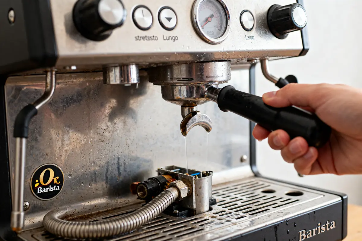 Main détartrant la machine L’Or Barista avec porte-filtre retiré et eau s'écoulant