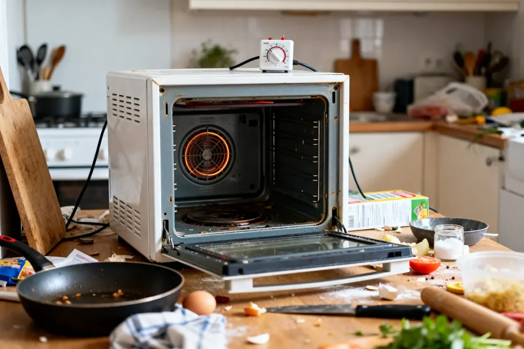 Four ouvert sur table de cuisine, le four ne chauffe plus mais ventile efficacement