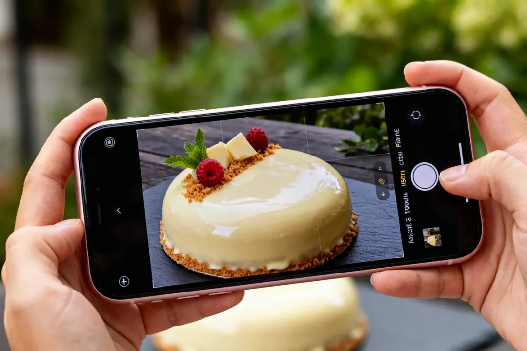 Main capturant gâteau avec glaçage chocolat blanc, framboises et menthe sur smartphone