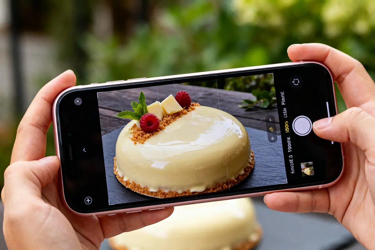 Main capturant gâteau avec glaçage chocolat blanc, framboises et menthe sur smartphone