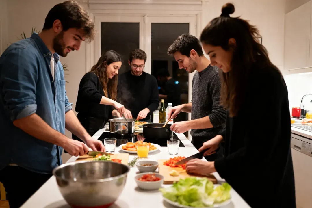 Groupe d'amis cuisinant une idée de repas du 31 décembre ensemble dans la cuisine