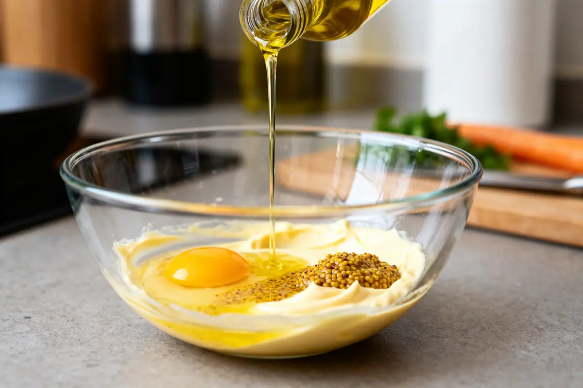 Huile d'olive versée sur œuf et moutarde pour mayonnaise à l'huile d'olive maison